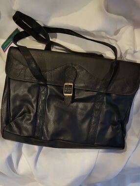 Black Leather Messenger Bag with Buckle Accent